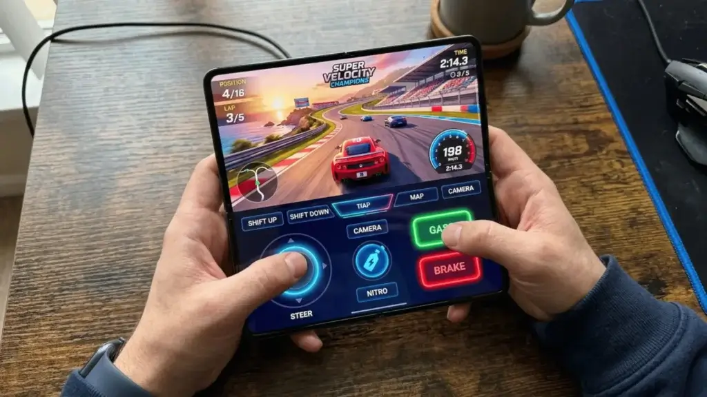Player using the Android 17 virtual gamepad on a foldable
