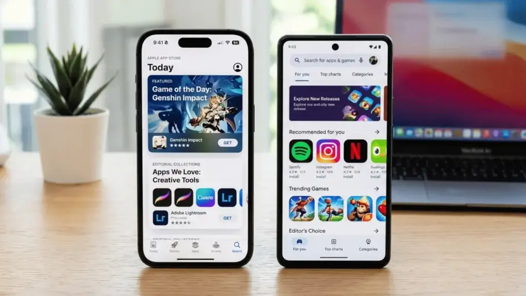 App Store vs Google Play app ecosystem compared on iPhone and Android