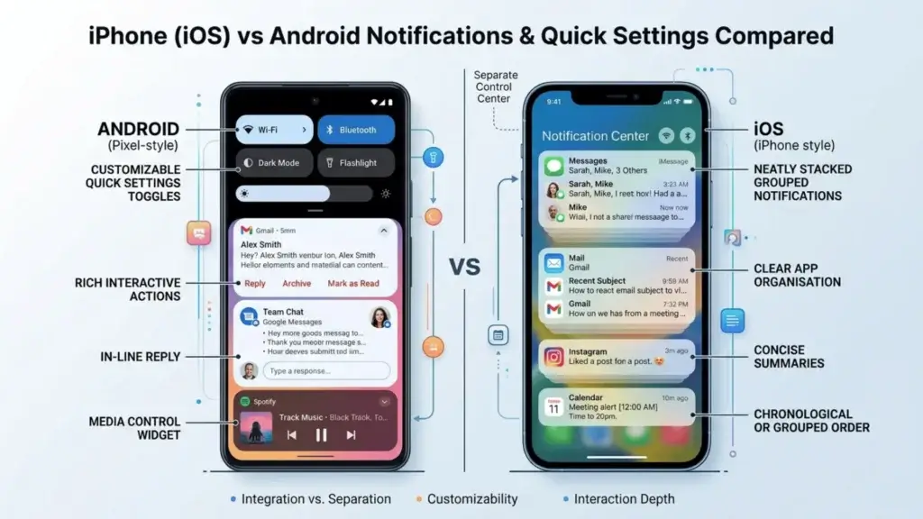 iPhone vs Android notifications and quick settings compared