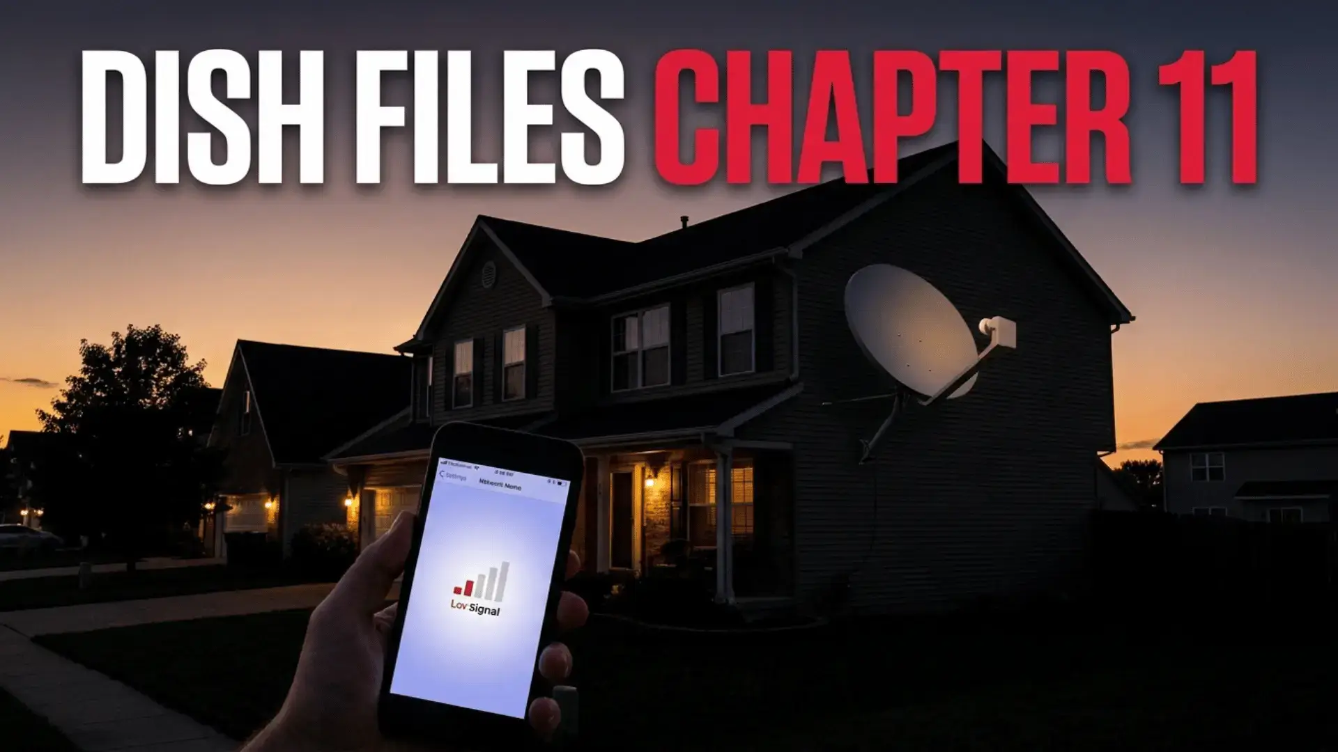 Dish Wireless bankruptcy filing shown over a satellite dish and phone
