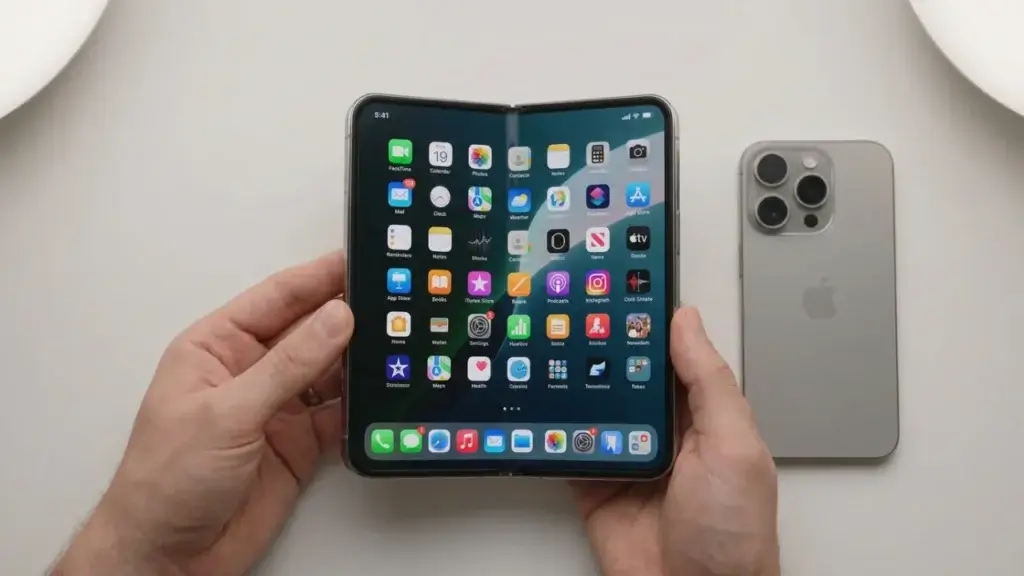 A foldable iPhone Ultra opened flat next to a standard iPhone showing the larger inner screen
