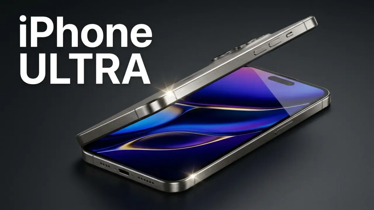 A foldable iPhone Ultra shown half open on a dark surface with a glowing inner display