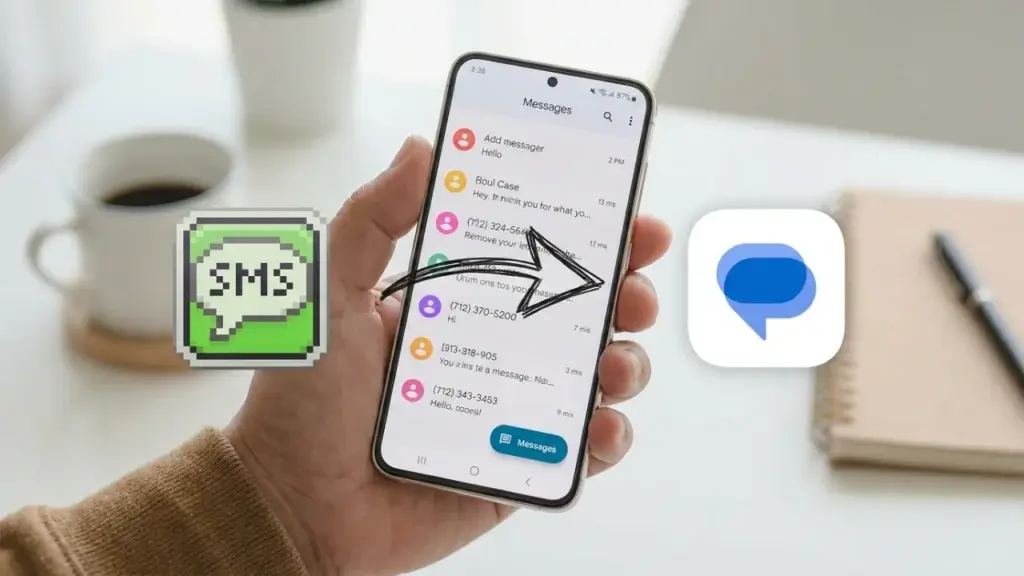 A person switching from Samsung Messages to Google Messages on a Galaxy phone