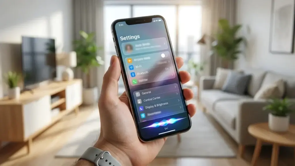 An iPhone running the iOS 27 public beta showing the Liquid Glass design and new Siri