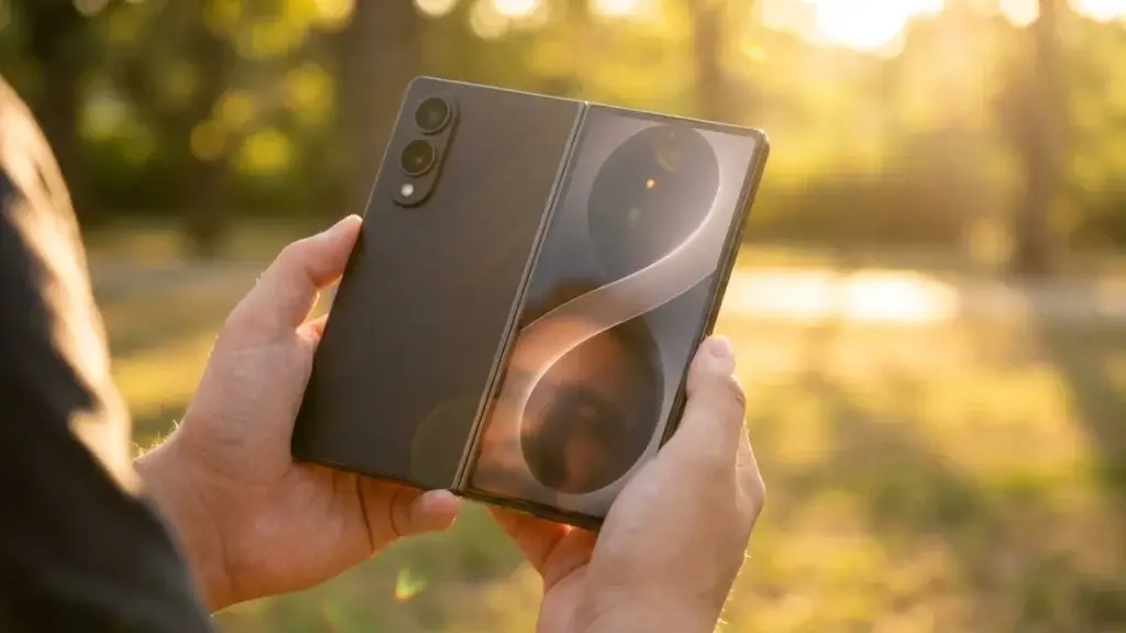 Galaxy Z Fold 8 outdoors showing the bright cover screen in sunlight