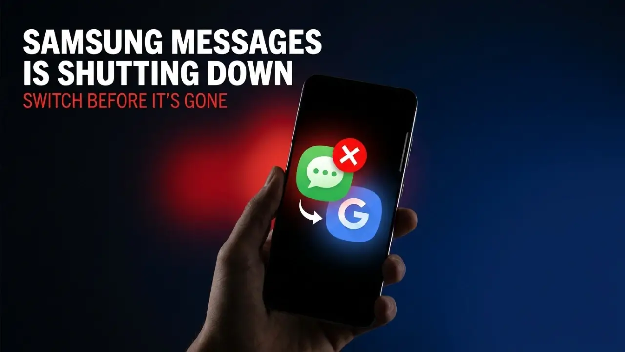 Samsung Messages shutting down warning with an arrow pointing to the Google Messages app on a Galaxy phone