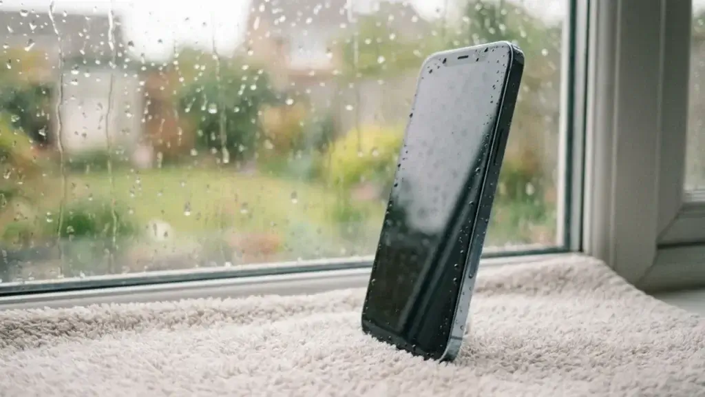 A phone drying upright after water got into the speaker