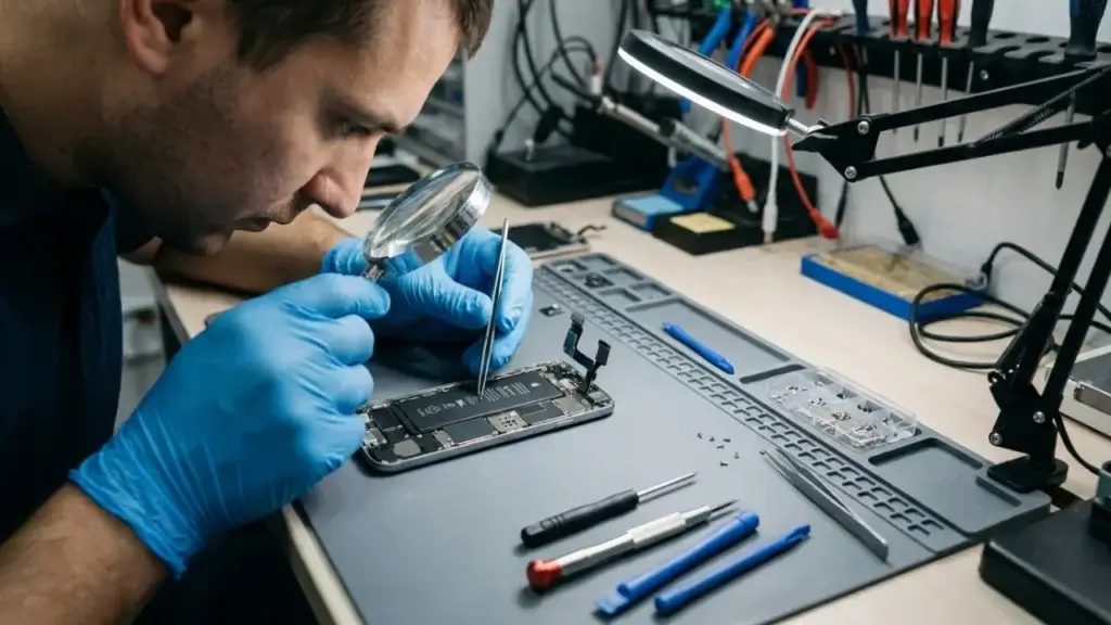 A technician inspecting a phone screen to repair white spots