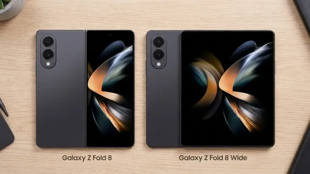 Galaxy Z Fold 8 next to the wider Galaxy Z Fold 8 Wide showing the difference in screen shape